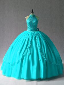 Glorious Ball Gowns Quinceanera Gown Aqua Blue Halter Top Tulle Sleeveless Floor Length Lace Up