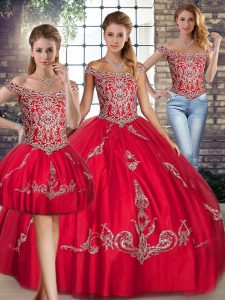 Stylish Beading and Embroidery Quinceanera Dress Red Lace Up Sleeveless Floor Length
