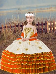 Sleeveless Organza Floor Length Lace Up Little Girls Pageant Gowns in Orange Red with Beading and Embroidery and Ruffled Layers