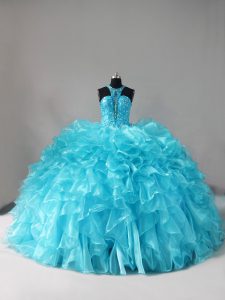 Aqua Blue Quinceanera Gown Sweet 16 and Quinceanera with Beading and Ruffles Halter Top Sleeveless Brush Train Lace Up