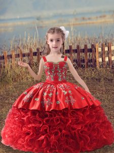 Elegant Red Little Girls Pageant Dress Wholesale Wedding Party with Embroidery Straps Sleeveless Sweep Train Lace Up
