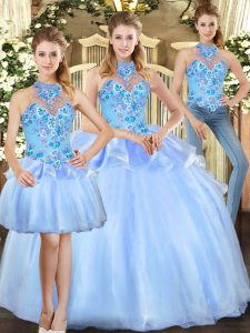 Blue Three Pieces Halter Top Sleeveless Organza Floor Length Lace Up Embroidery Ball Gown Prom Dress