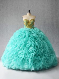 Traditional Aqua Blue Sweet 16 Quinceanera Dress Sweet 16 and Quinceanera with Beading and Ruffles Sweetheart Sleeveless Court Train Lace Up