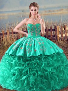 New Style Turquoise Ball Gowns Embroidery and Ruffles Sweet 16 Dress Lace Up Fabric With Rolling Flowers Sleeveless