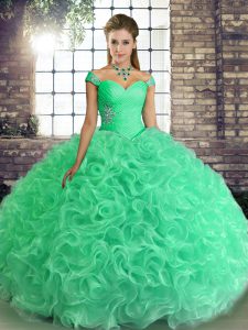 Off The Shoulder Sleeveless Lace Up Quinceanera Gown Turquoise Fabric With Rolling Flowers