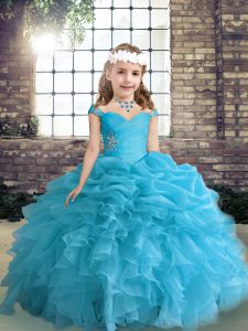 Blue Lace Up Little Girl Pageant Dress Beading and Ruffles and Pick Ups Sleeveless Floor Length