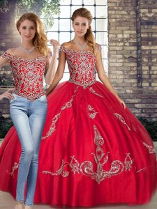 Fabulous Off The Shoulder Sleeveless Lace Up Sweet 16 Quinceanera Dress Red Tulle