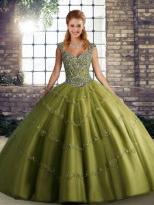 Lovely Olive Green Tulle Lace Up Straps Sleeveless Floor Length Quinceanera Dresses Beading and Appliques