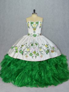 Green Sweetheart Neckline Embroidery and Ruffles Quinceanera Dresses Sleeveless Lace Up