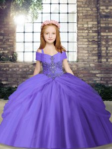 Lavender Sleeveless Tulle Lace Up Little Girls Pageant Gowns for Party and Wedding Party