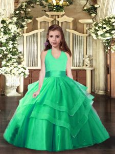 Turquoise Ball Gowns Ruching Pageant Gowns For Girls Lace Up Tulle Sleeveless Floor Length