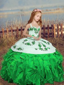Straps Sleeveless Little Girl Pageant Gowns Floor Length Embroidery Green Organza