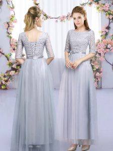 Elegant Grey Empire Scoop Half Sleeves Tulle Floor Length Lace Up Lace and Belt Quinceanera Court Dresses
