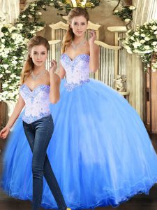 Modern Blue Tulle Lace Up Sweetheart Sleeveless Floor Length Sweet 16 Quinceanera Dress Beading