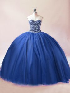 Most Popular Blue Tulle Lace Up Sweetheart Sleeveless Floor Length Quince Ball Gowns Beading