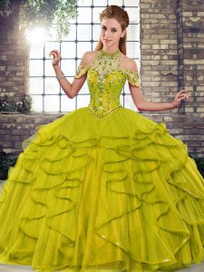 Luxury Floor Length Olive Green Sweet 16 Quinceanera Dress Tulle Sleeveless Beading and Ruffles
