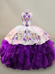 Ball Gowns Quinceanera Dress White And Purple High-neck Organza Sleeveless Floor Length Lace Up
