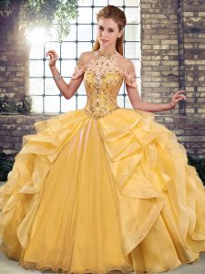 High Quality Gold Quinceanera Gown Military Ball and Sweet 16 and Quinceanera with Beading and Ruffles Halter Top Sleeveless Lace Up