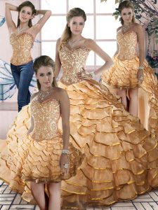 Dazzling Organza Sweetheart Sleeveless Brush Train Lace Up Beading and Ruffled Layers 15th Birthday Dress in Gold