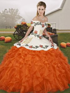 Elegant Off The Shoulder Sleeveless 15th Birthday Dress Floor Length Embroidery and Ruffles Orange Red Organza