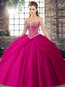 Brush Train Ball Gowns Vestidos de Quinceanera Fuchsia Sweetheart Tulle Sleeveless Lace Up
