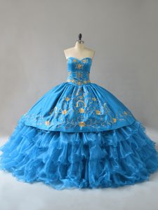 Great Organza Sweetheart Sleeveless Lace Up Embroidery and Ruffles Quince Ball Gowns in Blue