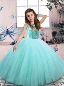Beauteous Aqua Blue Little Girl Pageant Dress Party and Wedding Party with Beading Scoop Sleeveless Lace Up