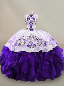 White And Purple Halter Top Neckline Embroidery and Ruffles Sweet 16 Quinceanera Dress Long Sleeves Lace Up