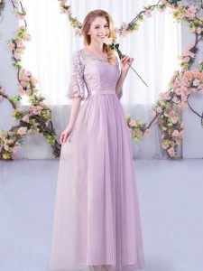 Lavender Empire Scoop Half Sleeves Tulle Floor Length Side Zipper Lace and Belt Quinceanera Dama Dress