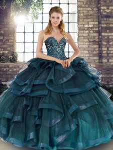 Low Price Beading and Ruffles Party Dress for Toddlers Teal Lace Up Sleeveless Floor Length