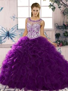 Simple Ball Gowns Sweet 16 Dresses Purple Scoop Organza Sleeveless Floor Length Lace Up