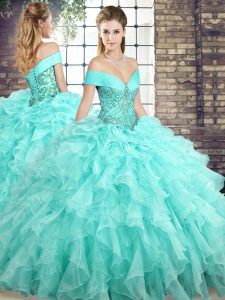 Colorful Aqua Blue Off The Shoulder Neckline Beading and Ruffles Ball Gown Prom Dress Sleeveless Lace Up
