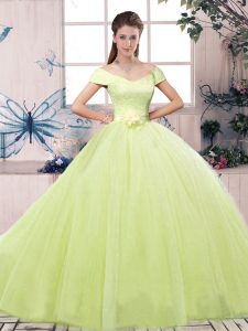 Beautiful Floor Length Ball Gowns Short Sleeves Yellow Green Quince Ball Gowns Lace Up