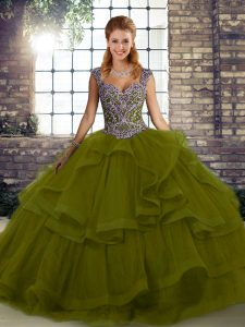 Sweet Floor Length Olive Green 15 Quinceanera Dress Tulle Sleeveless Beading and Ruffles