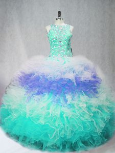 Sleeveless Tulle Floor Length Zipper Quince Ball Gowns in Multi-color with Beading and Ruffles
