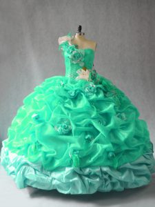 Simple Turquoise Ball Gowns Pick Ups and Hand Made Flower Vestidos de Quinceanera Lace Up Organza Sleeveless Floor Length