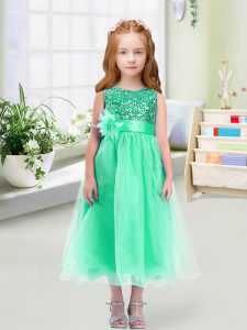 Clearance Turquoise Empire Scoop Sleeveless Organza Tea Length Zipper Sequins and Hand Made Flower Flower Girl Dresses