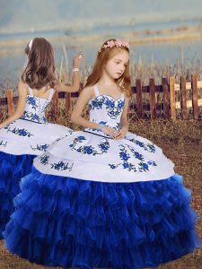 Super Royal Blue Ball Gowns Straps Sleeveless Organza Floor Length Lace Up Embroidery and Ruffled Layers Kids Pageant Dress
