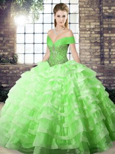 Vintage Sleeveless Organza Brush Train Lace Up Quinceanera Dress for Military Ball and Sweet 16 and Quinceanera