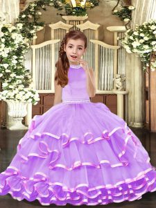 Floor Length Backless Little Girl Pageant Dress Lavender for Party and Sweet 16 and Wedding Party with Beading and Ruffled Layers
