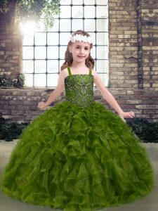 Discount Olive Green Sleeveless Organza Lace Up Kids Formal Wear for Party and Military Ball and Wedding Party