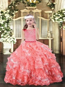 Customized Watermelon Red Scoop Zipper Lace and Ruffled Layers Little Girl Pageant Dress Sleeveless