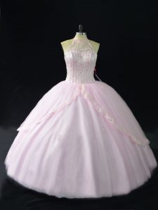 Sleeveless Beading and Appliques Quince Ball Gowns with Pink
