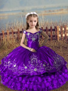Purple Ball Gowns Embroidery and Ruffled Layers Little Girl Pageant Gowns Lace Up Satin and Organza Sleeveless Floor Length