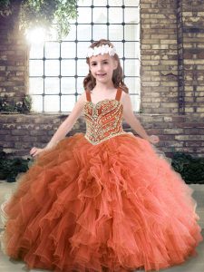 Nice Rust Red Straps Neckline Beading and Ruffles Pageant Gowns For Girls Sleeveless Lace Up