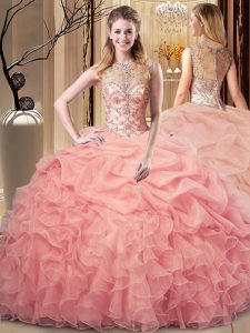 Romantic Beading and Ruffles Quinceanera Dresses Peach Zipper Sleeveless Floor Length