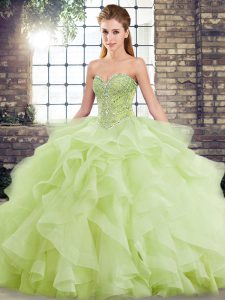Cute Yellow Green Sweet 16 Quinceanera Dress Military Ball and Sweet 16 and Quinceanera with Beading and Ruffles Sweetheart Sleeveless Brush Train Lace Up