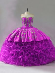 Fuchsia Sleeveless Brush Train Beading and Embroidery and Ruffles Quince Ball Gowns