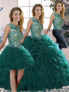 Modest Floor Length Lace Up Quinceanera Dress Peacock Green for Military Ball and Sweet 16 and Quinceanera with Beading and Ruffles