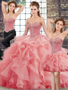 Hot Selling Three Pieces Sleeveless Watermelon Red Sweet 16 Quinceanera Dress Brush Train Lace Up